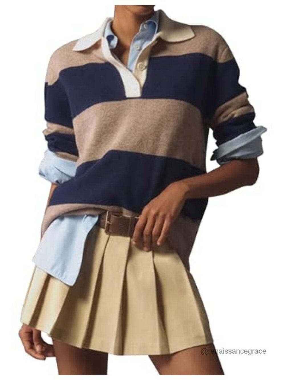 Womens Striped V-Neck Polo Sweater Boxy Fit Collared Pullover